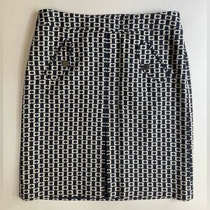 Ann Taylor LOFT Geometric Print Wool Blend Pleated Navy‎ and Cream Skirt Size 6